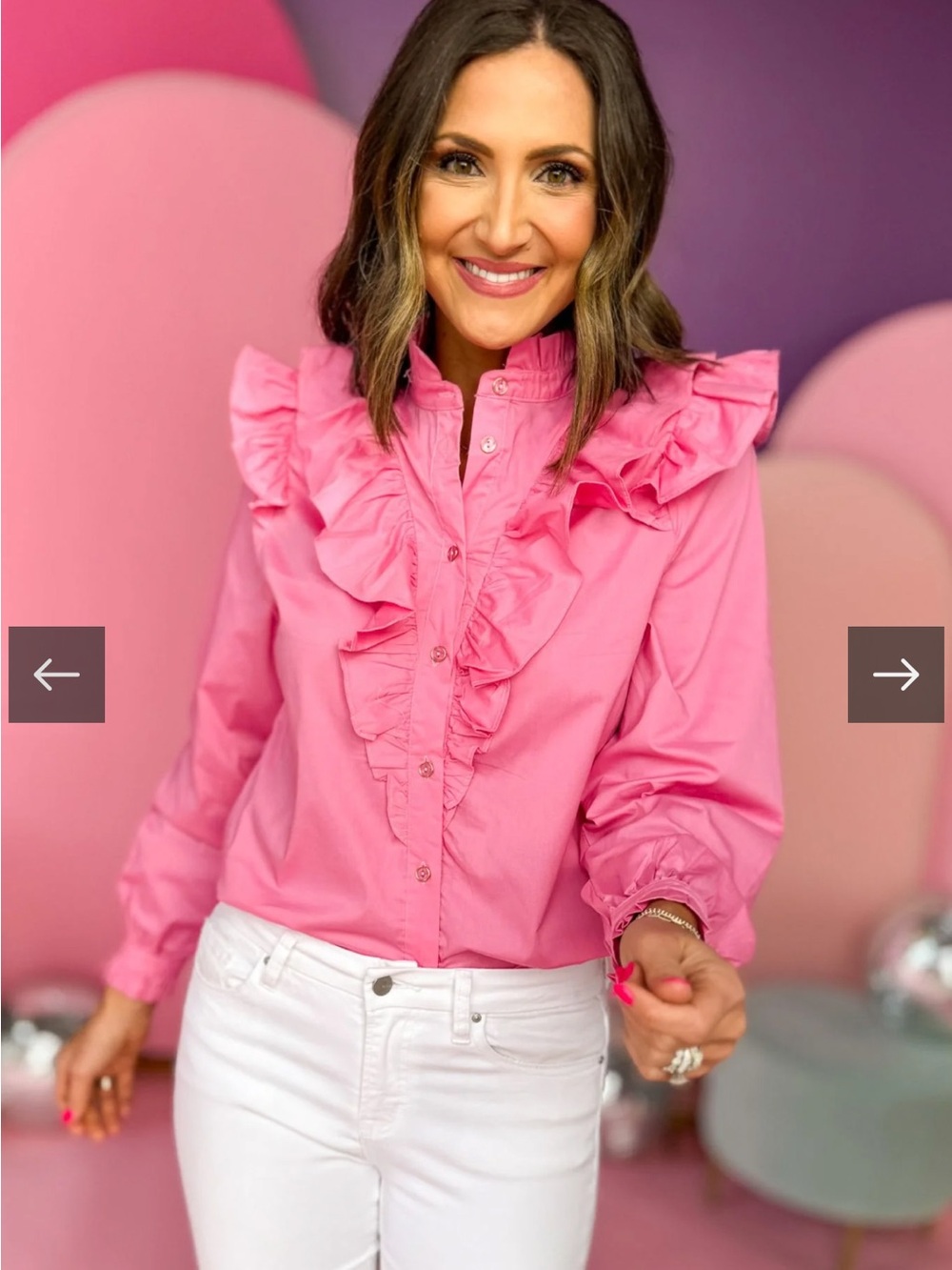 Karlie Pink Solid Frill Neck Button Down Ruffle Top- 100% cotton size small -NWT